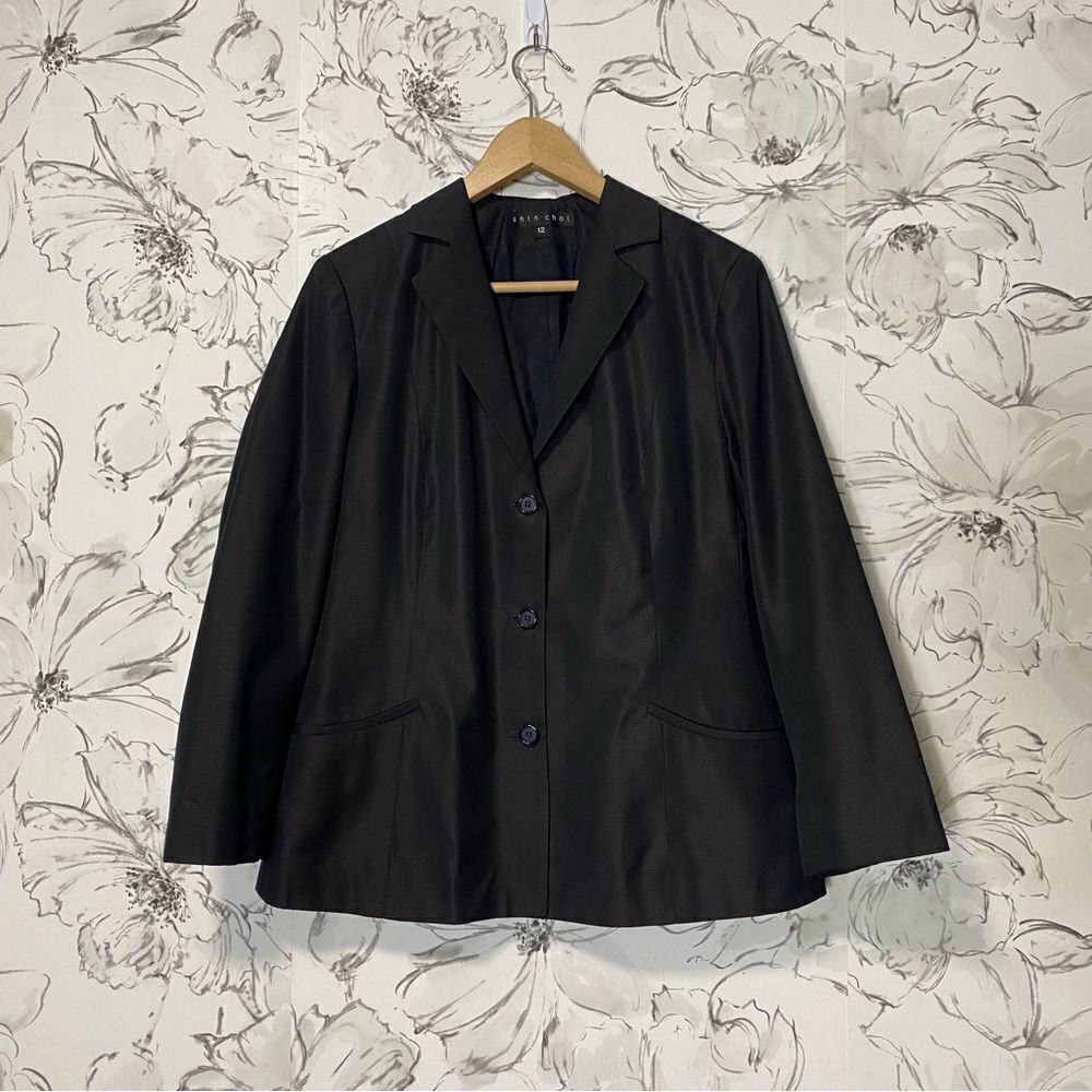 Shin Choi Pantsuit Two Piece Black and Brown Chevron Satin Finish size 12